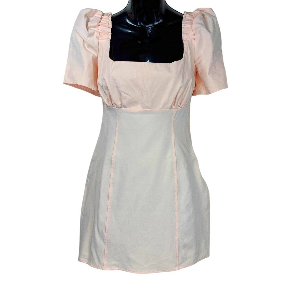 Free People Pera Peach Mini Dress Puff Sleeve Square Neck Smocked Back Size 2 - Picture 2 of 11